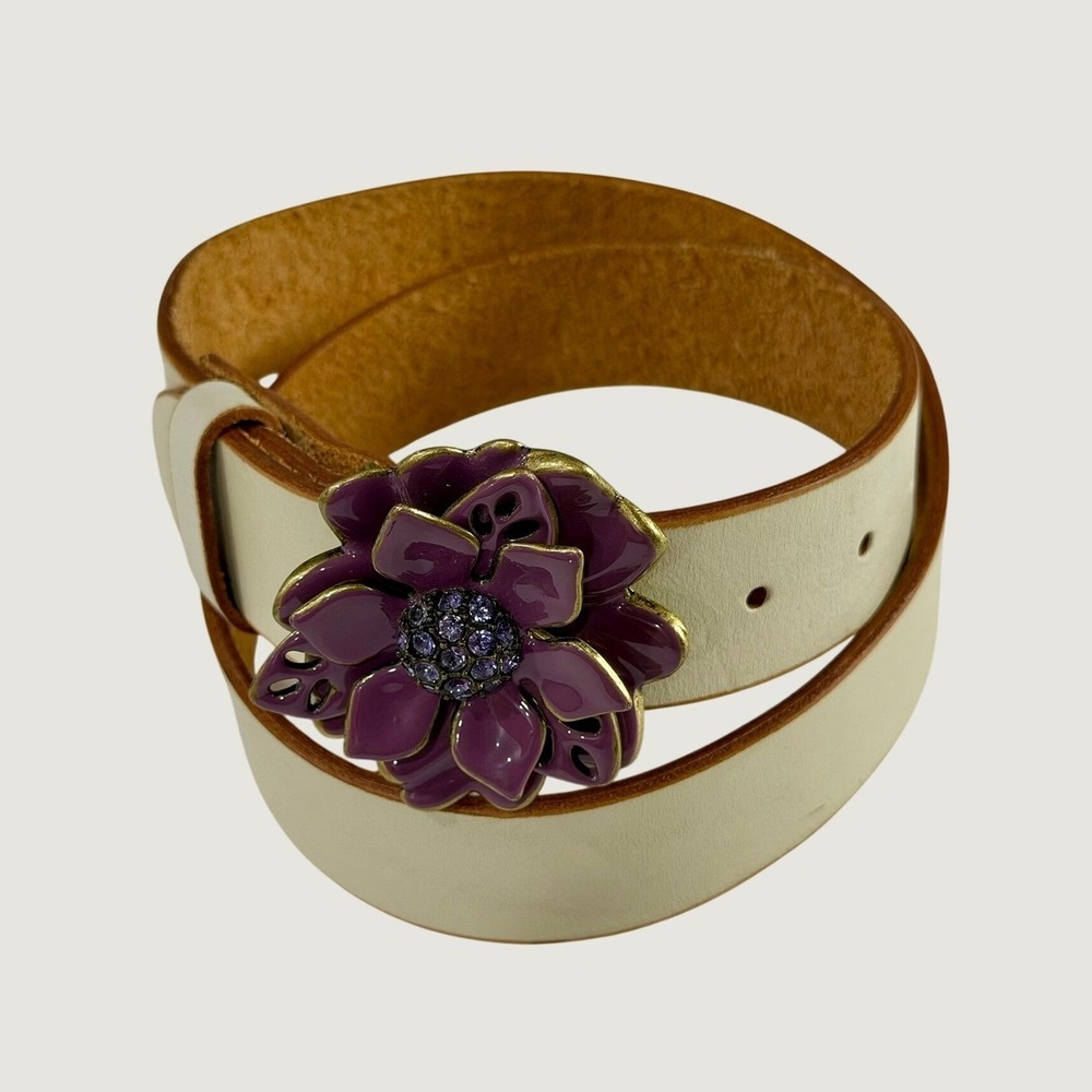 Lucky Brand Belt Womens S/30" Ivory Great Purple Enamel Flower Rhinestone Boho